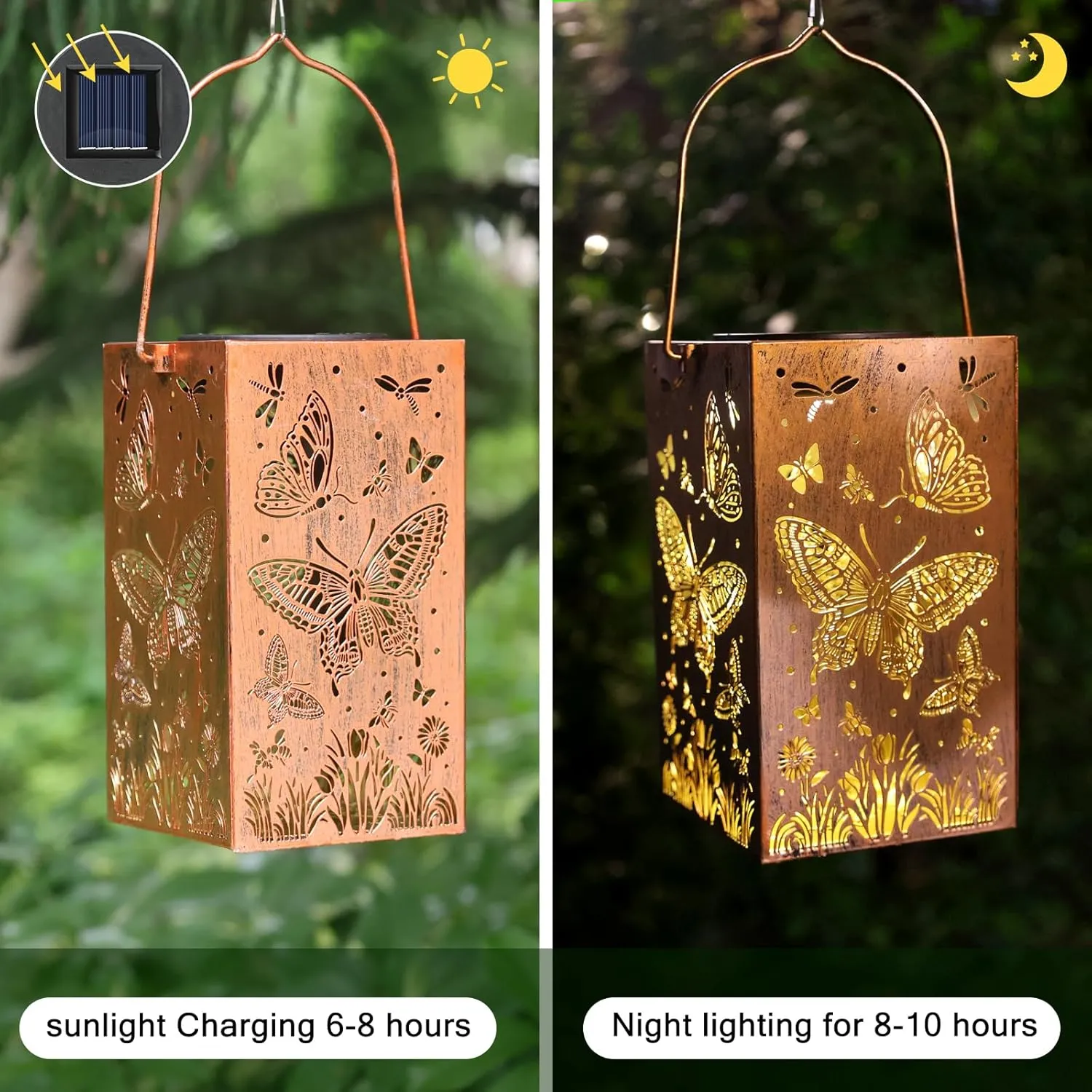 2 Pack Solar Lanterns Outdoor Hanging Lantern Lights Waterproof LED Lamp Butterfly Hollowed-Out Lantern Decoration, for Garden,Patio,Yard,Table,Party Delicate Christmas Decor Gifts for Women Mom