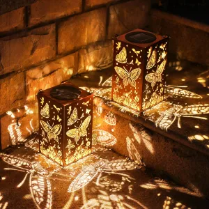 2 Pack Solar Lanterns Outdoor Hanging Lantern Lights Waterproof LED Lamp Butterfly Hollowed-Out Lantern Decoration, for Garden,Patio,Yard,Table,Party Delicate Christmas Decor Gifts for Women Mom