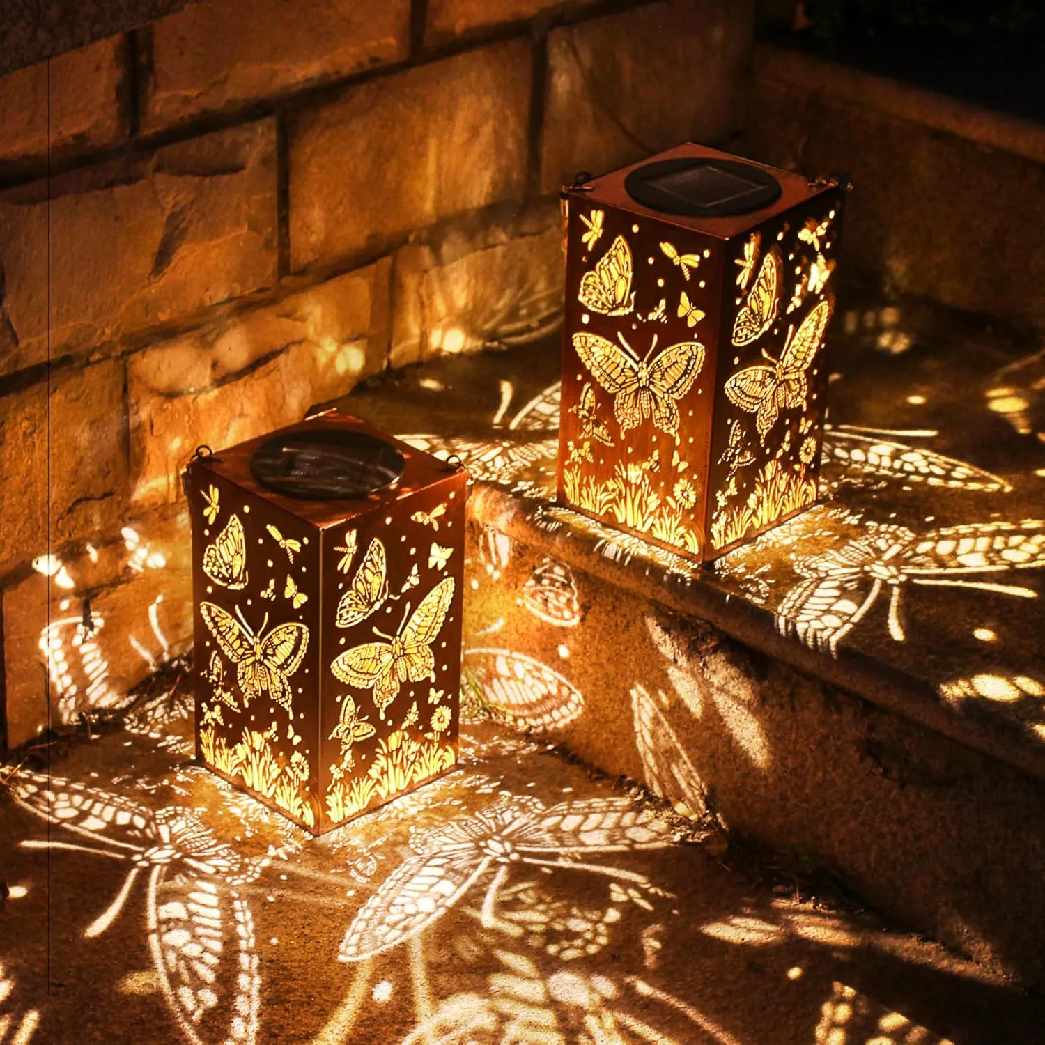 2 Pack Solar Lanterns Outdoor Hanging Lantern Lights Waterproof LED Lamp Butterfly Hollowed-Out Lantern Decoration, for Garden,Patio,Yard,Table,Party Delicate Christmas Decor Gifts for Women Mom