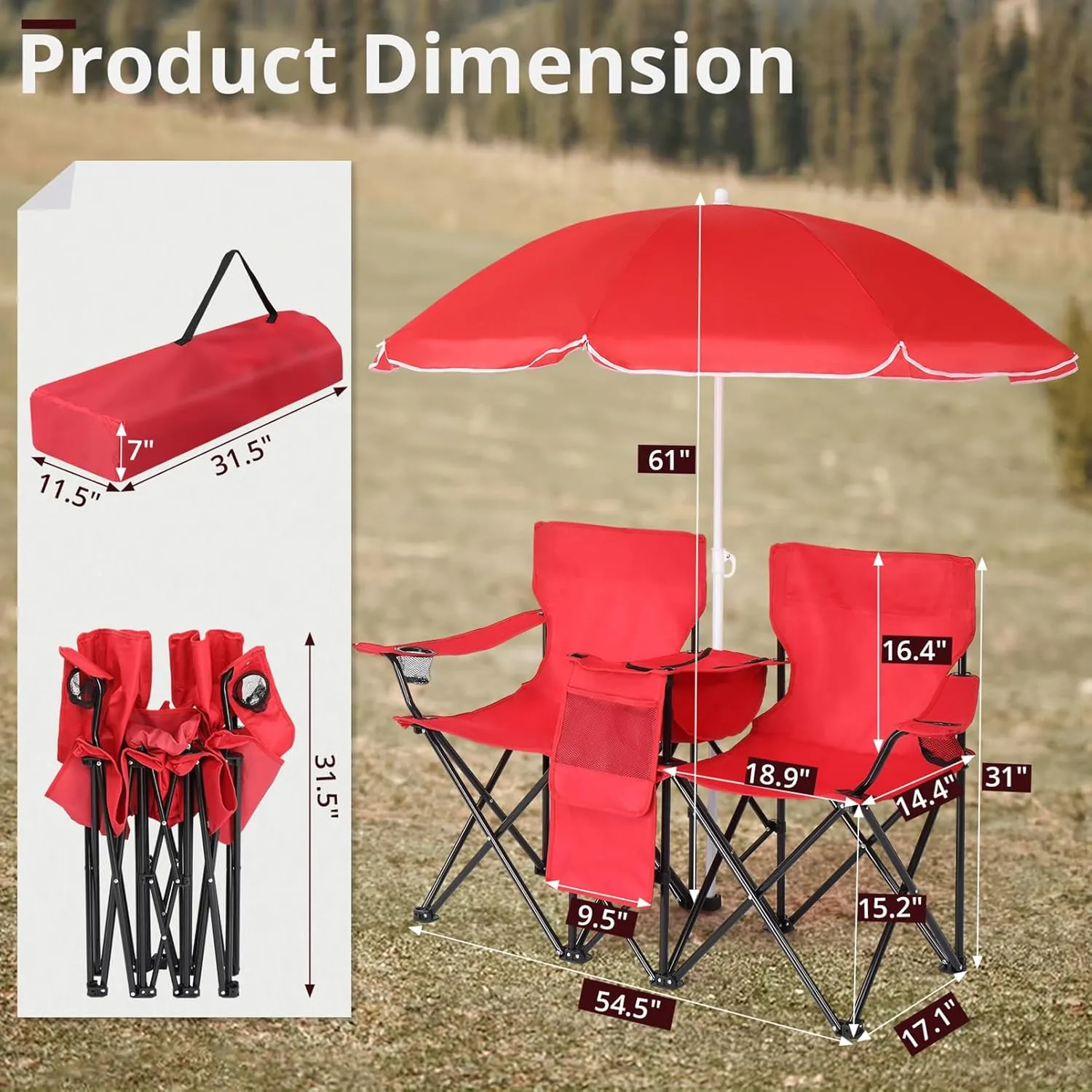 2-Person Camping Chair with Removable Umbrella,Portable Lightweight Folding Chair w/ Cup Holders,Cooler Bag,Pocket & Carry Bag,Outdoor Compact Lawn Chair for Fishing,Camp,Beach,Concerts, Travel,Red