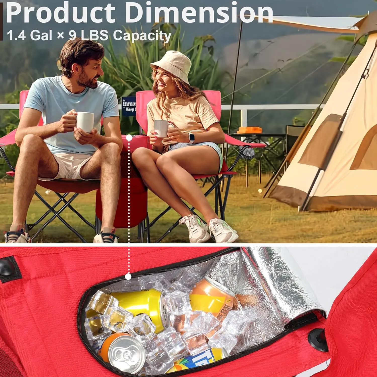 2-Person Camping Chair with Removable Umbrella,Portable Lightweight Folding Chair w/ Cup Holders,Cooler Bag,Pocket & Carry Bag,Outdoor Compact Lawn Chair for Fishing,Camp,Beach,Concerts, Travel,Red