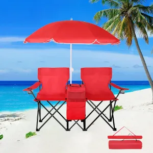 2-Person Camping Chair with Removable Umbrella,Portable Lightweight Folding Chair w/ Cup Holders,Cooler Bag,Pocket & Carry Bag,Outdoor Compact Lawn Chair for Fishing,Camp,Beach,Concerts, Travel,Red