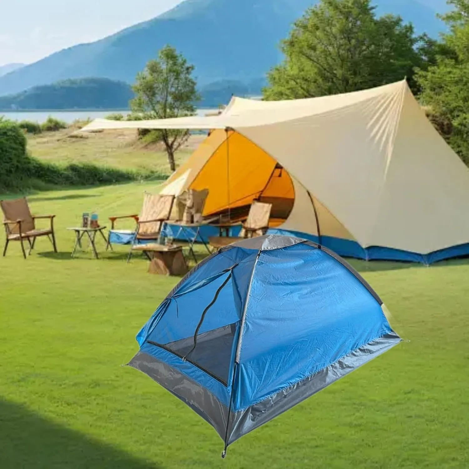 2 Person Camping Tent Folding Lightweight Windproof Easy Setup Single Layer Sun Shelter for Traveling Backpacking Yard Family