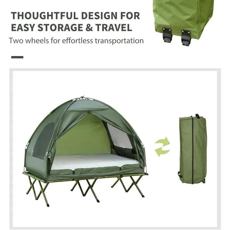 2 Person Foldable Camping Cot with Tent, Bedspread and Thick Air Mattress, 4-in-1 Elevated Camping Bed Tent