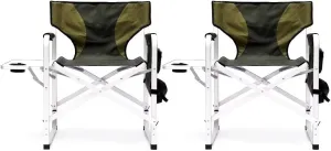 2-Piece Outdoor Chairs, Padded Folding Camping Chairs with Side Table and Storage Pockets, Outdoor Folding Chairs, Folding Lawn Chairs, Lightweight Oversized Directors Chairs, Green