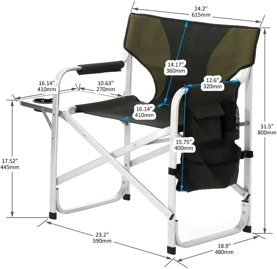 2-Piece Outdoor Chairs, Padded Folding Camping Chairs with Side Table and Storage Pockets, Outdoor Folding Chairs, Folding Lawn Chairs, Lightweight Oversized Directors Chairs, Green
