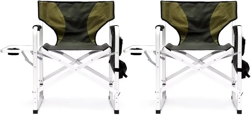 2-Piece Outdoor Chairs, Padded Folding Camping Chairs with Side Table and Storage Pockets, Outdoor Folding Chairs, Folding Lawn Chairs, Lightweight Oversized Directors Chairs, Green