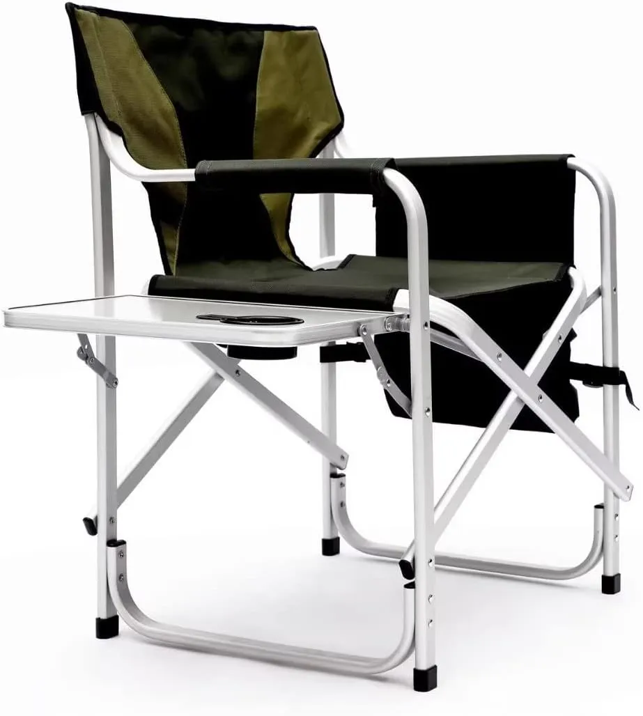 2-Piece Outdoor Chairs, Padded Folding Camping Chairs with Side Table and Storage Pockets, Outdoor Folding Chairs, Folding Lawn Chairs, Lightweight Oversized Directors Chairs, Green