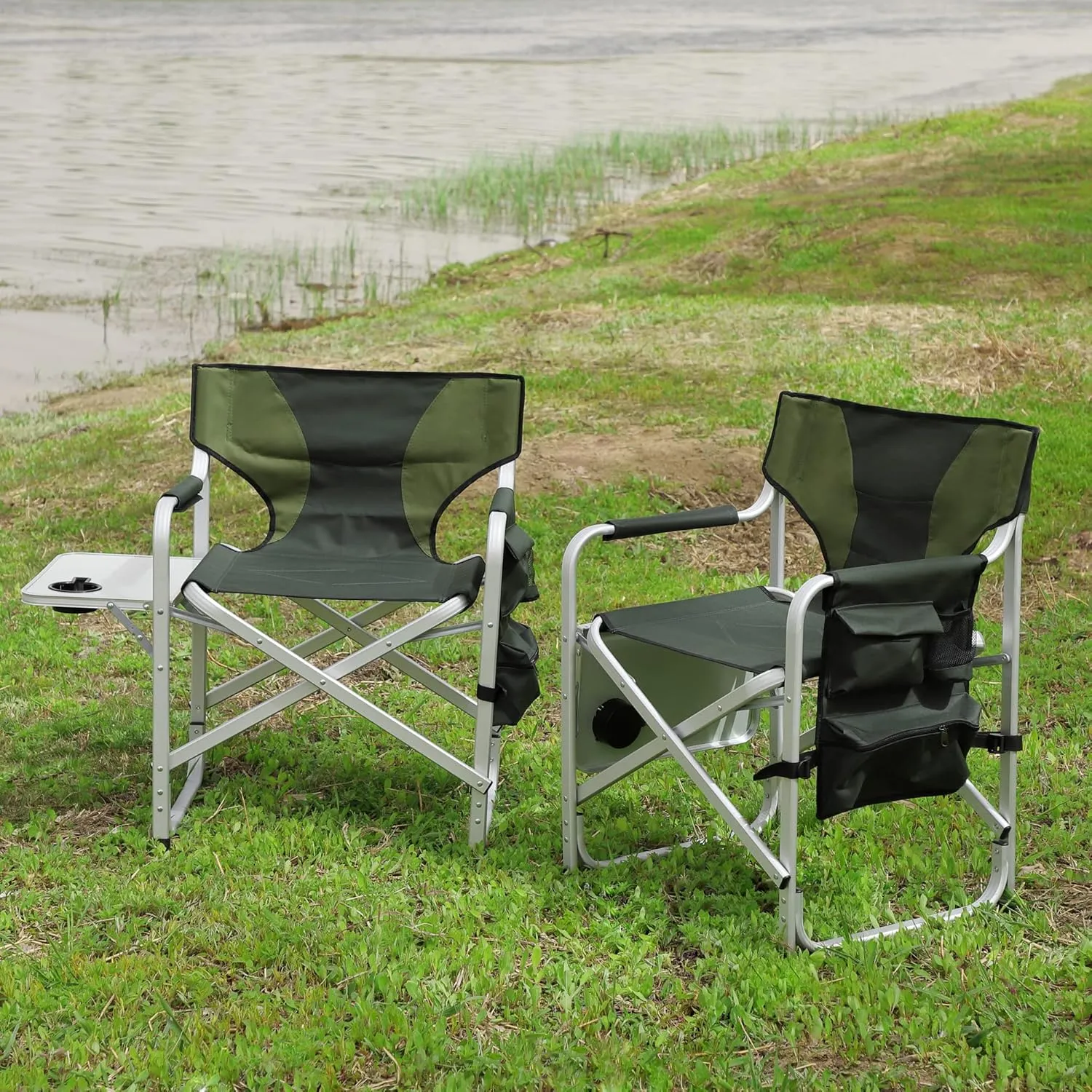 2-Piece Padded Folding Outdoor Chair Set with Side Table and Storage Pockets, Lightweight Oversized for Indoor and Outdoor Use, Green