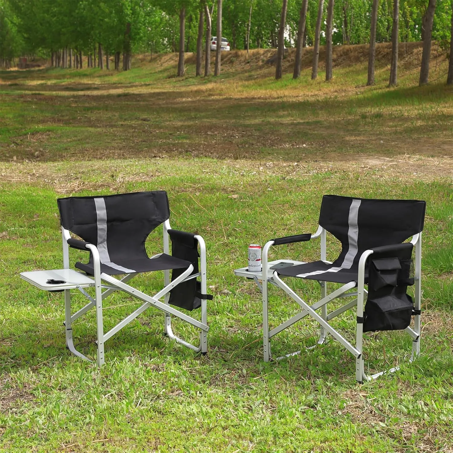 2-Piece Padded Folding Outdoor Chairs with Side Table and Storage Pockets, Lightweight Oversized Directors Chairs, Aluminum Frame, Durable Oxford Cloth, Ideal for Camping, Picnics and Fishing, Bl