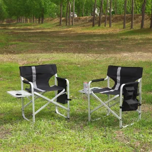 2-Piece Padded Folding Outdoor Chairs with Side Table and Storage Pockets, Lightweight Oversized Directors Chairs, Aluminum Frame, Durable Oxford Cloth, Ideal for Camping, Picnics and Fishing, Bl