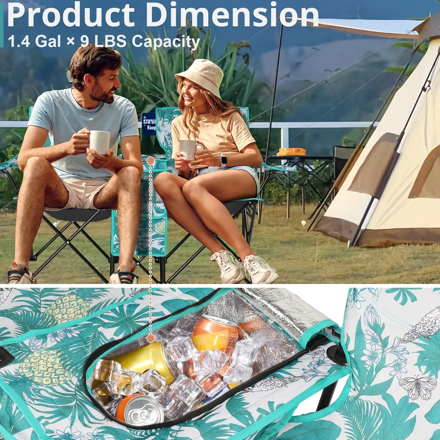 2-Seat Folding Camping Chair with Removable Umbrella – Portable Outdoor Chair for Beach, Fishing & Sports – Heavy-Duty Steel Frame with Cup Holders & Storage Bag (Green)