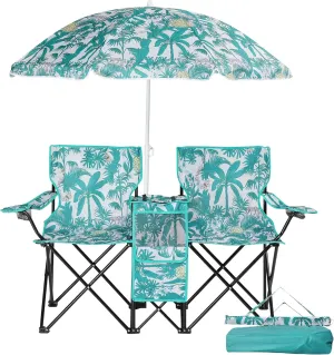 2-Seat Folding Camping Chair with Removable Umbrella – Portable Outdoor Chair for Beach, Fishing & Sports – Heavy-Duty Steel Frame with Cup Holders & Storage Bag (Green)