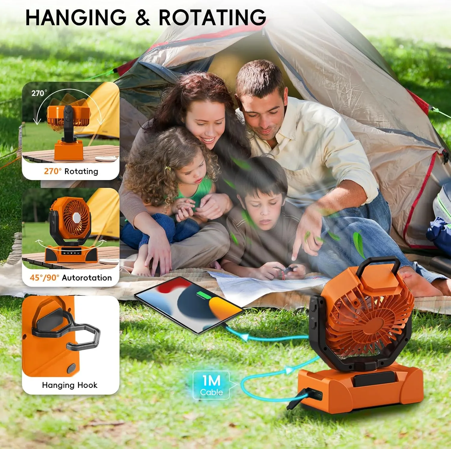 20000mAh Portable Camping Fan, Rechargeable Battery Powered Fan with Remote Control & Oscillating, LED Display, Light, Timer, Rotation, Hanging Hook for Outdoor Camp, Beach, Travel Tent