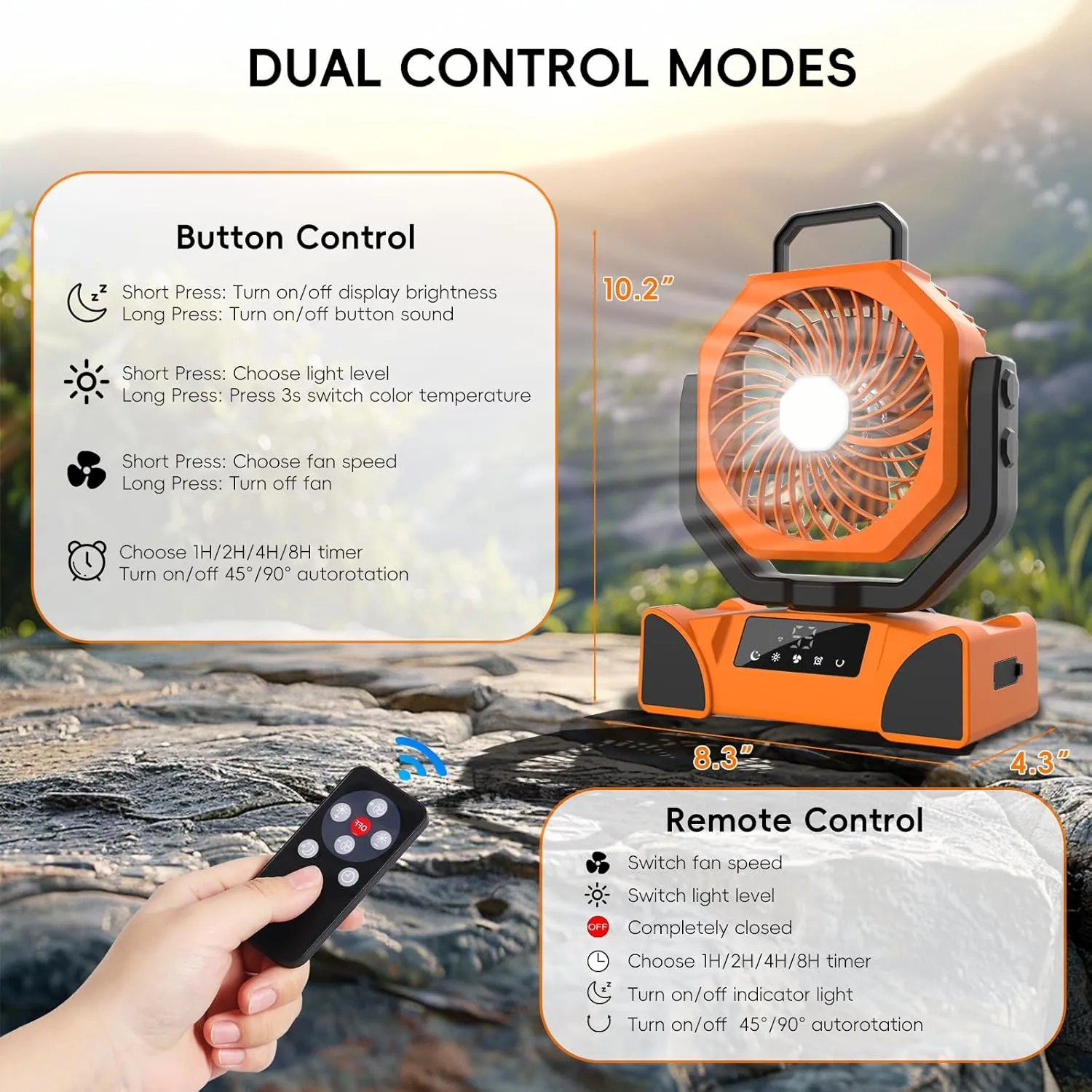 20000mAh Portable Camping Fan, Rechargeable Battery Powered Fan with Remote Control & Oscillating, LED Display, Light, Timer, Rotation, Hanging Hook for Outdoor Camp, Beach, Travel Tent