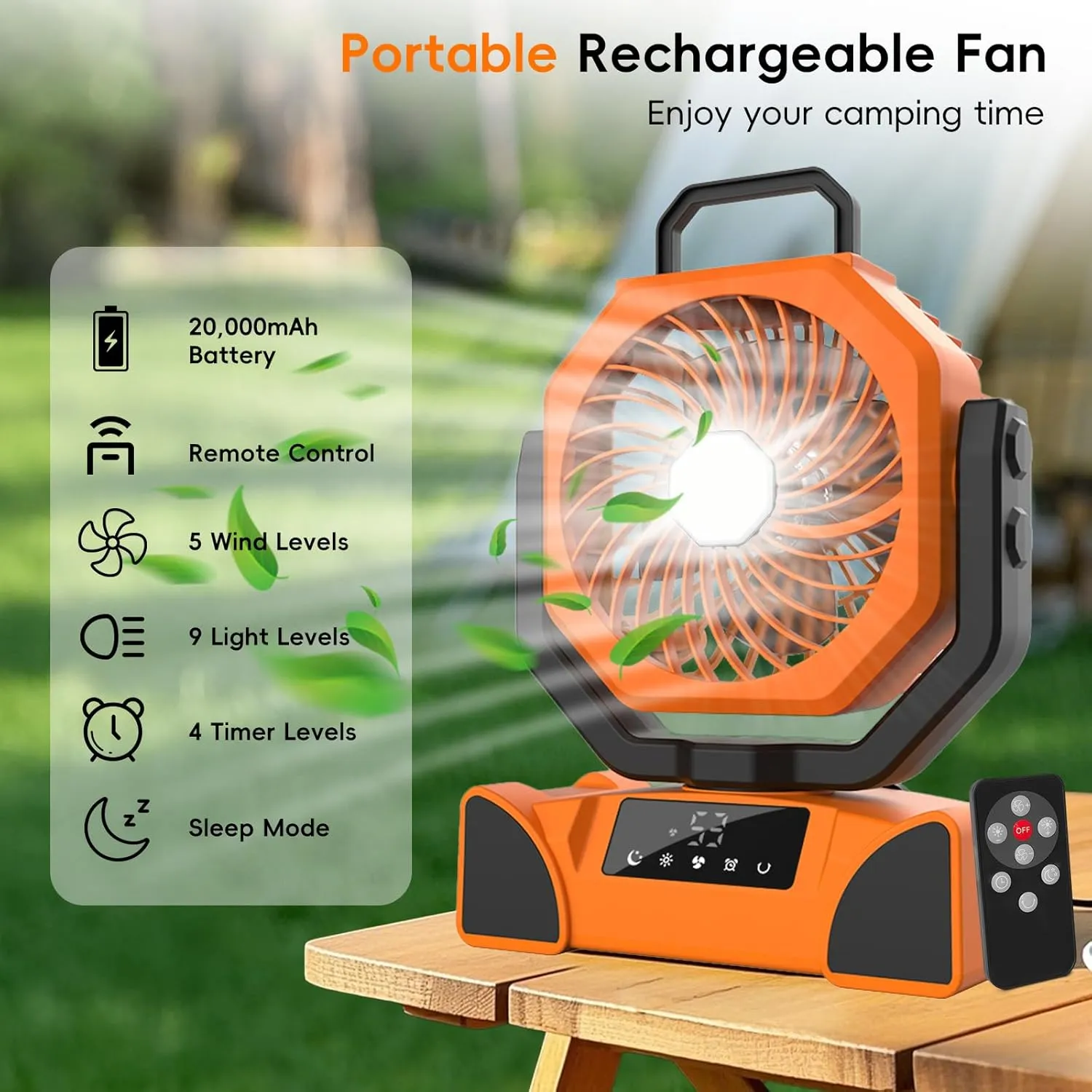 20000mAh Portable Camping Fan, Rechargeable Battery Powered Fan with Remote Control & Oscillating, LED Display, Light, Timer, Rotation, Hanging Hook for Outdoor Camp, Beach, Travel Tent