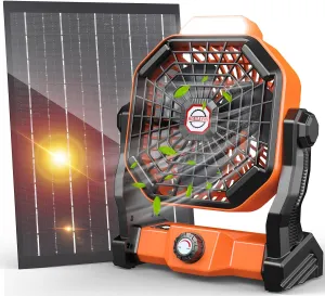 20000mAh Solar Fan, Camping Fan with Solar Panel, 7W 9-Inch Rechargeable Battery Operated Fans for Outside, LED Lantern, Stepless Speed and Quiet Battery Powered Solar Tent Fans for Outdoor, Barbecue