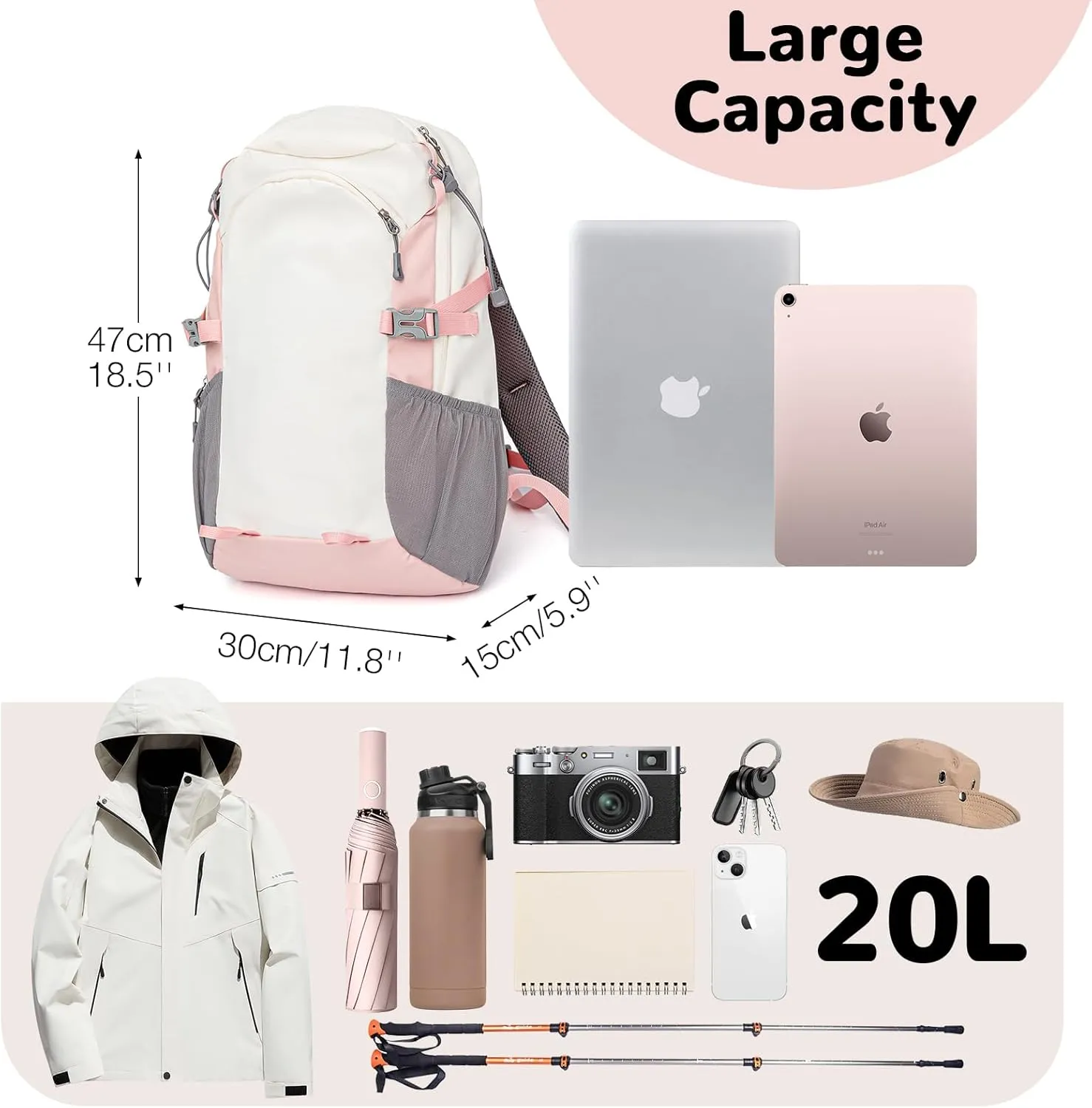 20L Small Hiking Backpack Lightweight, Waterproof Outdoor Hiking Daypack with Padded Shoulder Strap & Back Support, Casual Walking Bag for Women, Pink