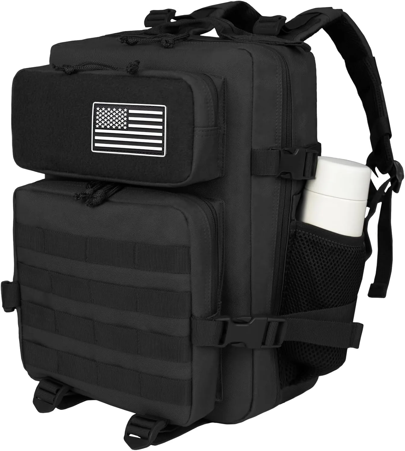 25L Small Black Military Tactical Backpack for Men, Laptop Daypack for Work and Gym, Molle Back Pack for Motorcycle, Assault Pack EDC Bug Out Bag, Hiking Fishing Rucksack with Bottle Holder