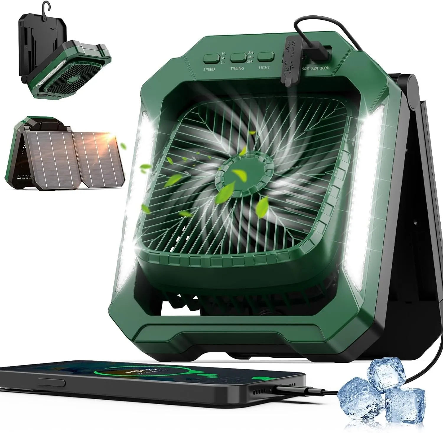 26800mAh Portable Camping fan Rechargeable, 2-in-1 Battery Powered Solar Fan with Detachable Solar Panel, 270° Rotation Personal USB Desk Fan with 3 Speed/Timer/LED Light/Hanging Hook for Outdoor