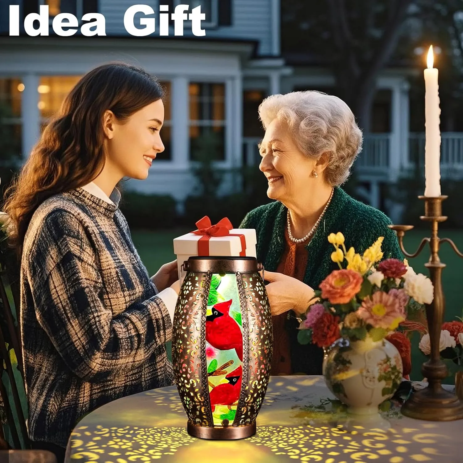 2PCS Cardinal Outdoor Solar Lanterns Glass & Metal Tabletop Lamp with Hollowed-Out Design Waterproof Hanging Light for Garden Patio Mother's Day Gift, 7" W x 15.3" H