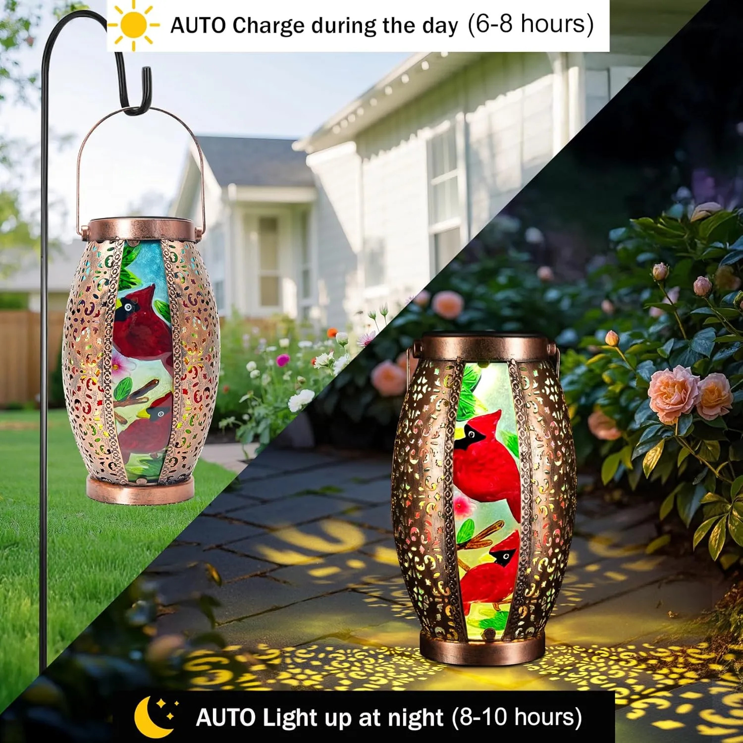 2PCS Cardinal Outdoor Solar Lanterns Glass & Metal Tabletop Lamp with Hollowed-Out Design Waterproof Hanging Light for Garden Patio Mother's Day Gift, 7" W x 15.3" H
