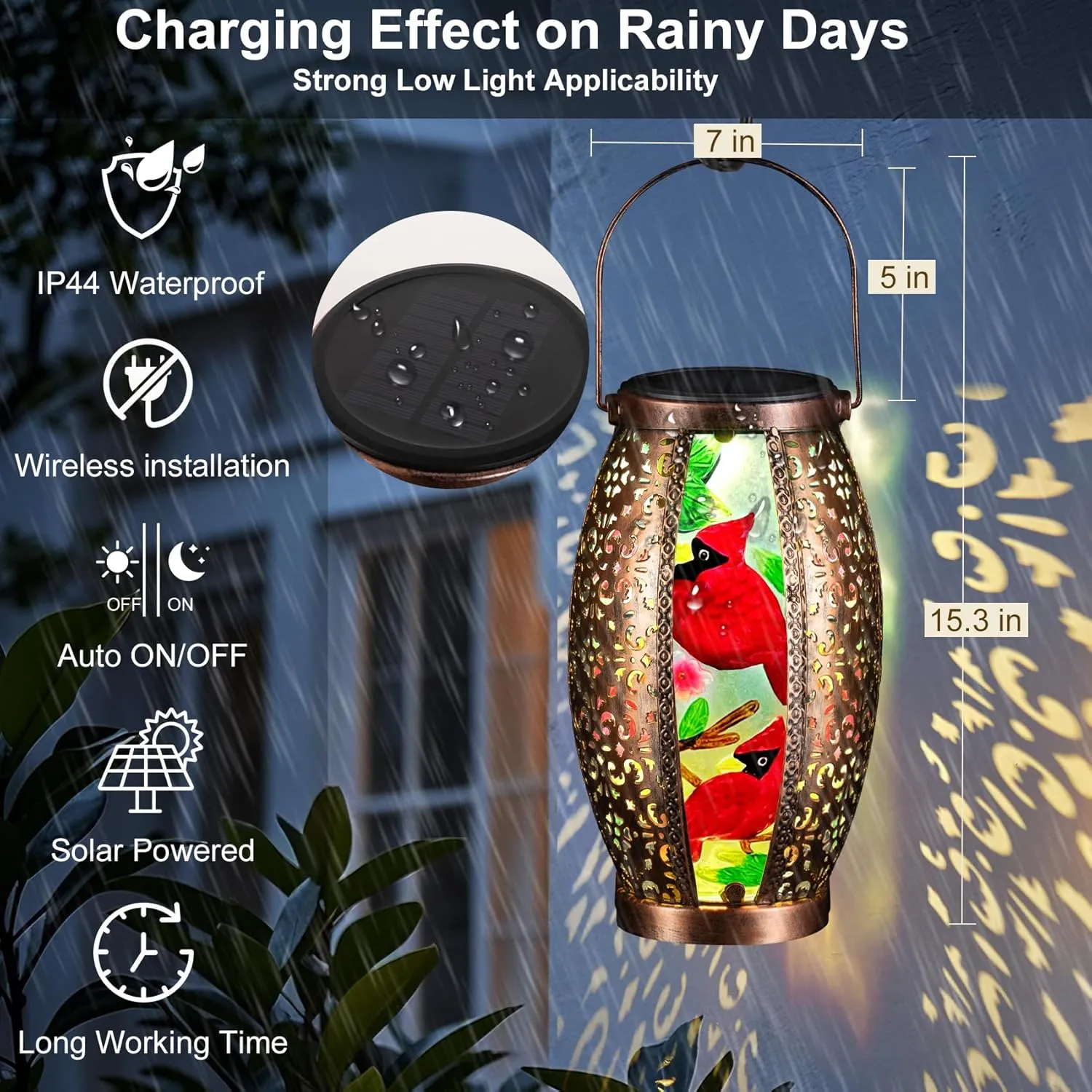 2PCS Cardinal Outdoor Solar Lanterns Glass & Metal Tabletop Lamp with Hollowed-Out Design Waterproof Hanging Light for Garden Patio Mother's Day Gift, 7" W x 15.3" H