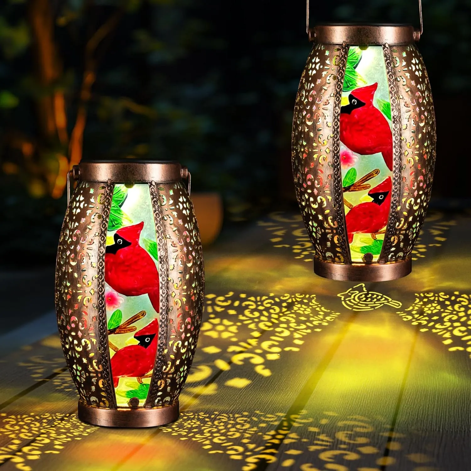 2PCS Cardinal Outdoor Solar Lanterns Glass & Metal Tabletop Lamp with Hollowed-Out Design Waterproof Hanging Light for Garden Patio Mother's Day Gift, 7" W x 15.3" H