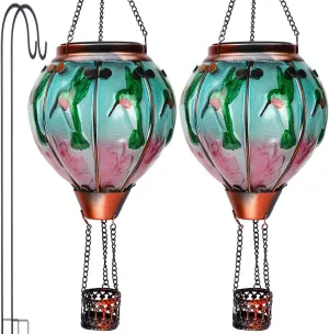 2PCS Glass Hot Air Balloon Solar Lanterns with Flickering Flame, Hanging Light Outdoor Waterproof with Shepherd's Hooks for Garden Yard Decor, 18" H Hummingbirds