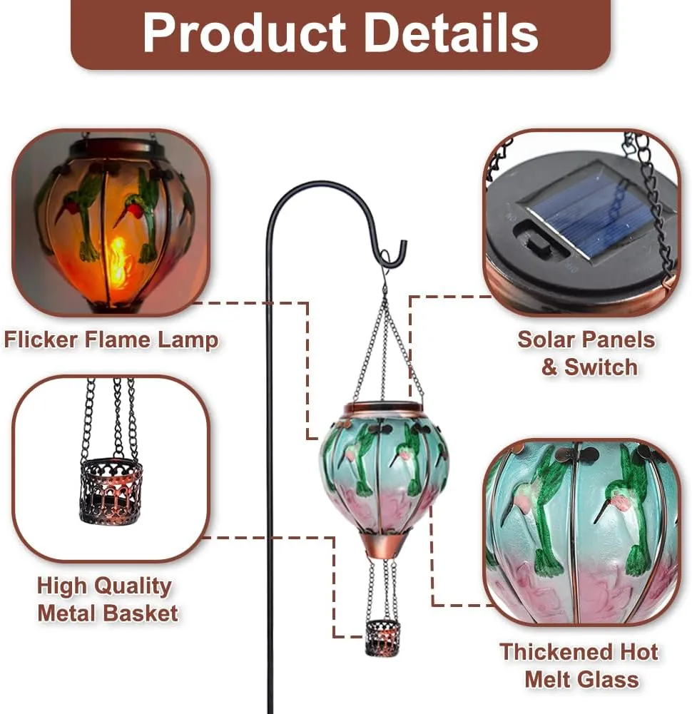 2PCS Glass Hot Air Balloon Solar Lanterns with Flickering Flame, Hanging Light Outdoor Waterproof with Shepherd's Hooks for Garden Yard Decor, 18" H Hummingbirds