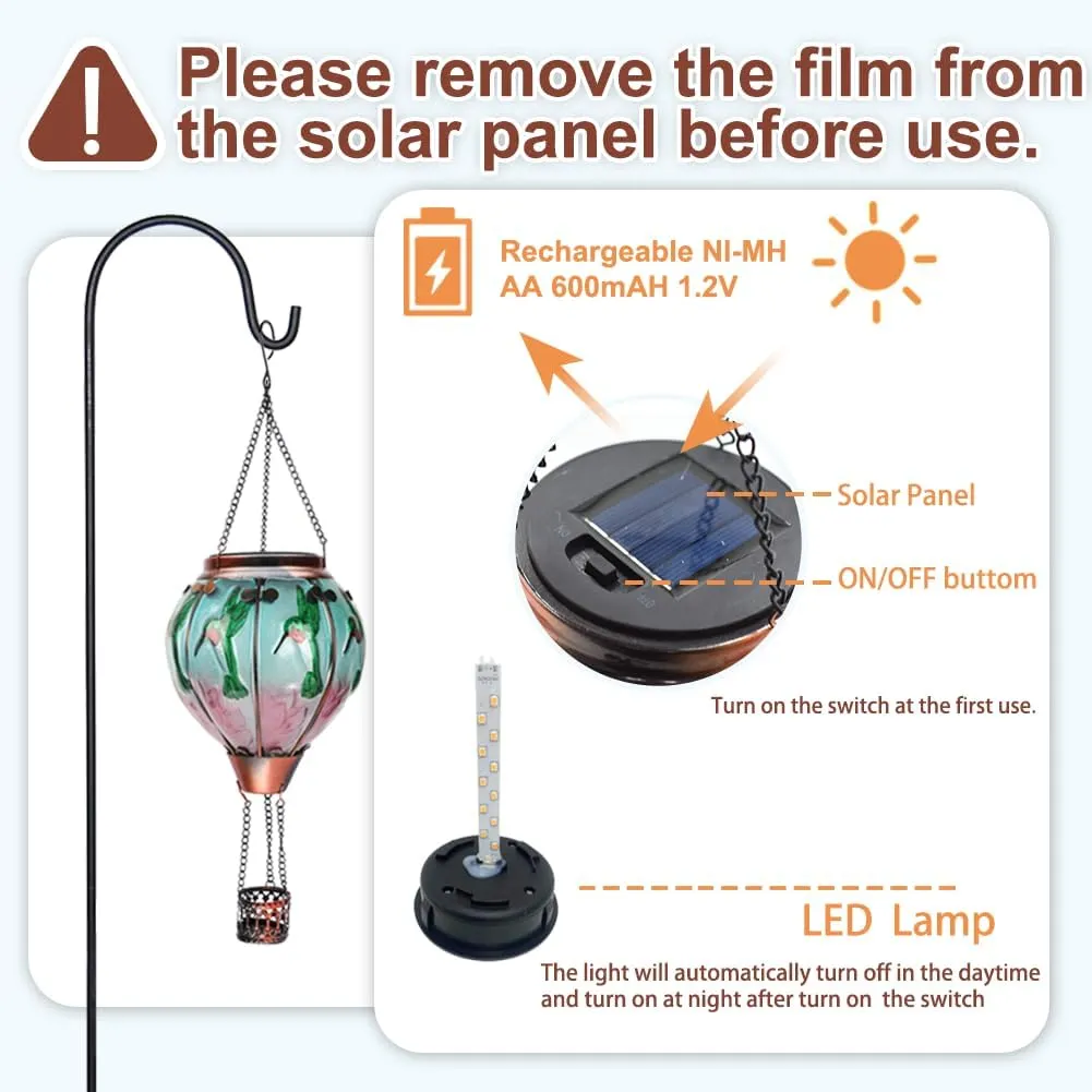 2PCS Glass Hot Air Balloon Solar Lanterns with Flickering Flame, Hanging Light Outdoor Waterproof with Shepherd's Hooks for Garden Yard Decor, 18" H Hummingbirds