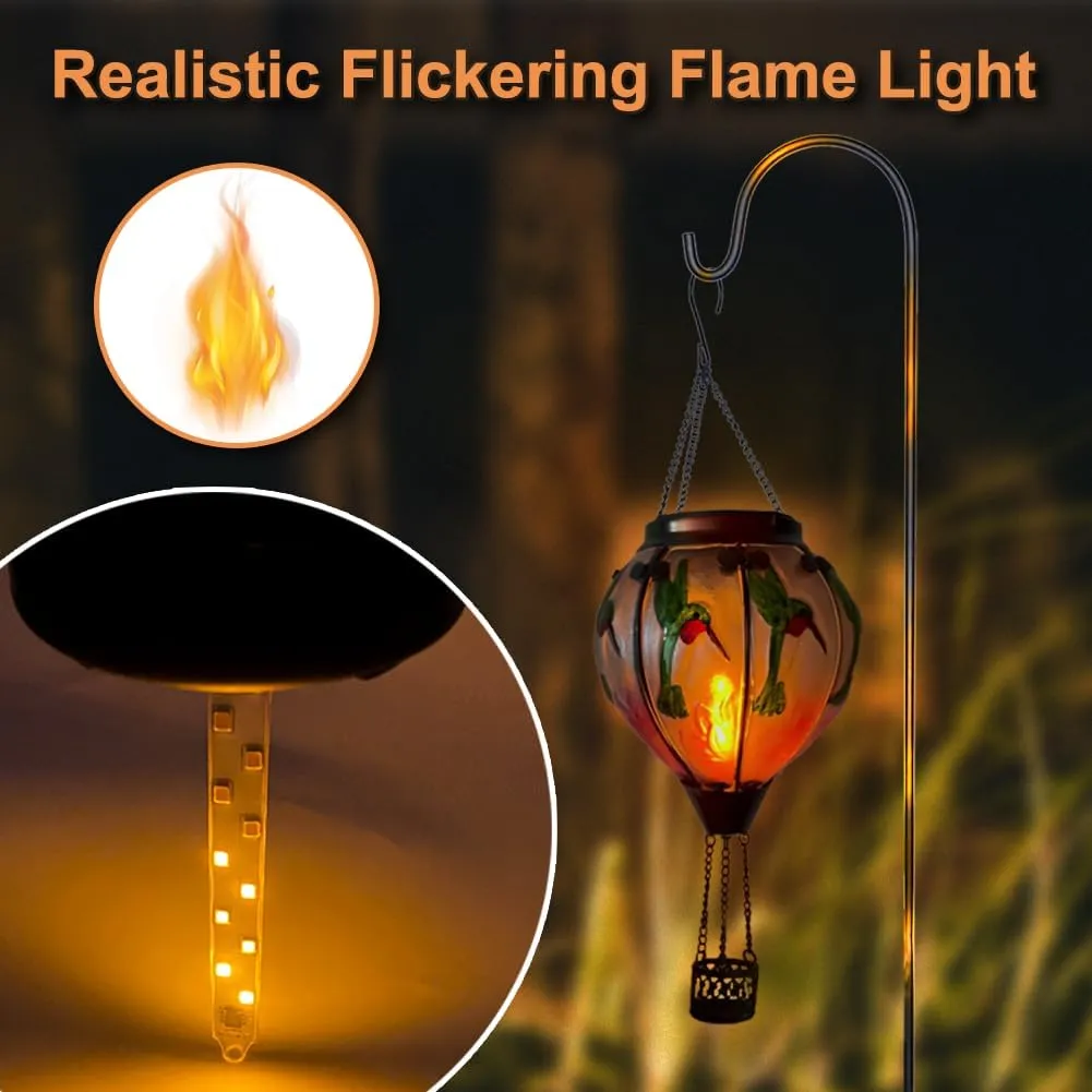 2PCS Glass Hot Air Balloon Solar Lanterns with Flickering Flame, Hanging Light Outdoor Waterproof with Shepherd's Hooks for Garden Yard Decor, 18" H Hummingbirds