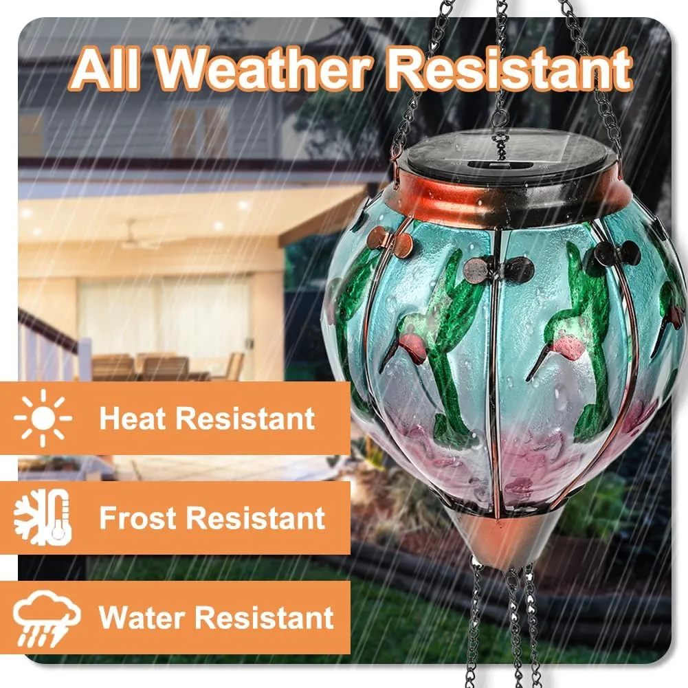 2PCS Glass Hot Air Balloon Solar Lanterns with Flickering Flame, Hanging Light Outdoor Waterproof with Shepherd's Hooks for Garden Yard Decor, 18" H Hummingbirds