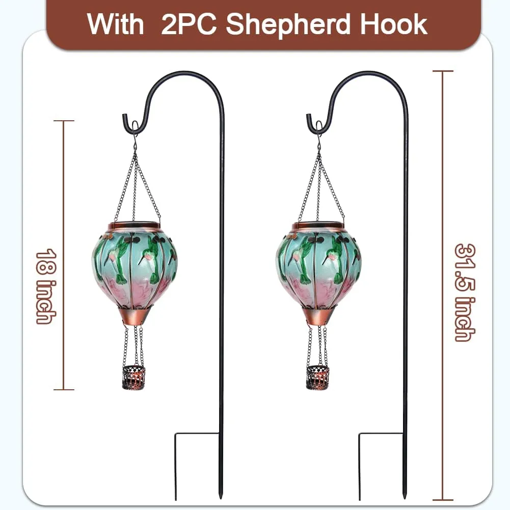 2PCS Glass Hot Air Balloon Solar Lanterns with Flickering Flame, Hanging Light Outdoor Waterproof with Shepherd's Hooks for Garden Yard Decor, 18" H Hummingbirds