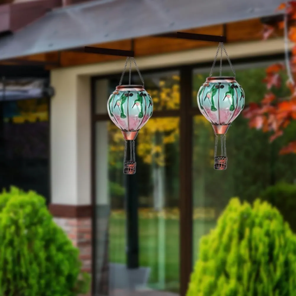 2PCS Glass Hot Air Balloon Solar Lanterns with Flickering Flame, Hanging Light Outdoor Waterproof with Shepherd's Hooks for Garden Yard Decor, 18" H Hummingbirds
