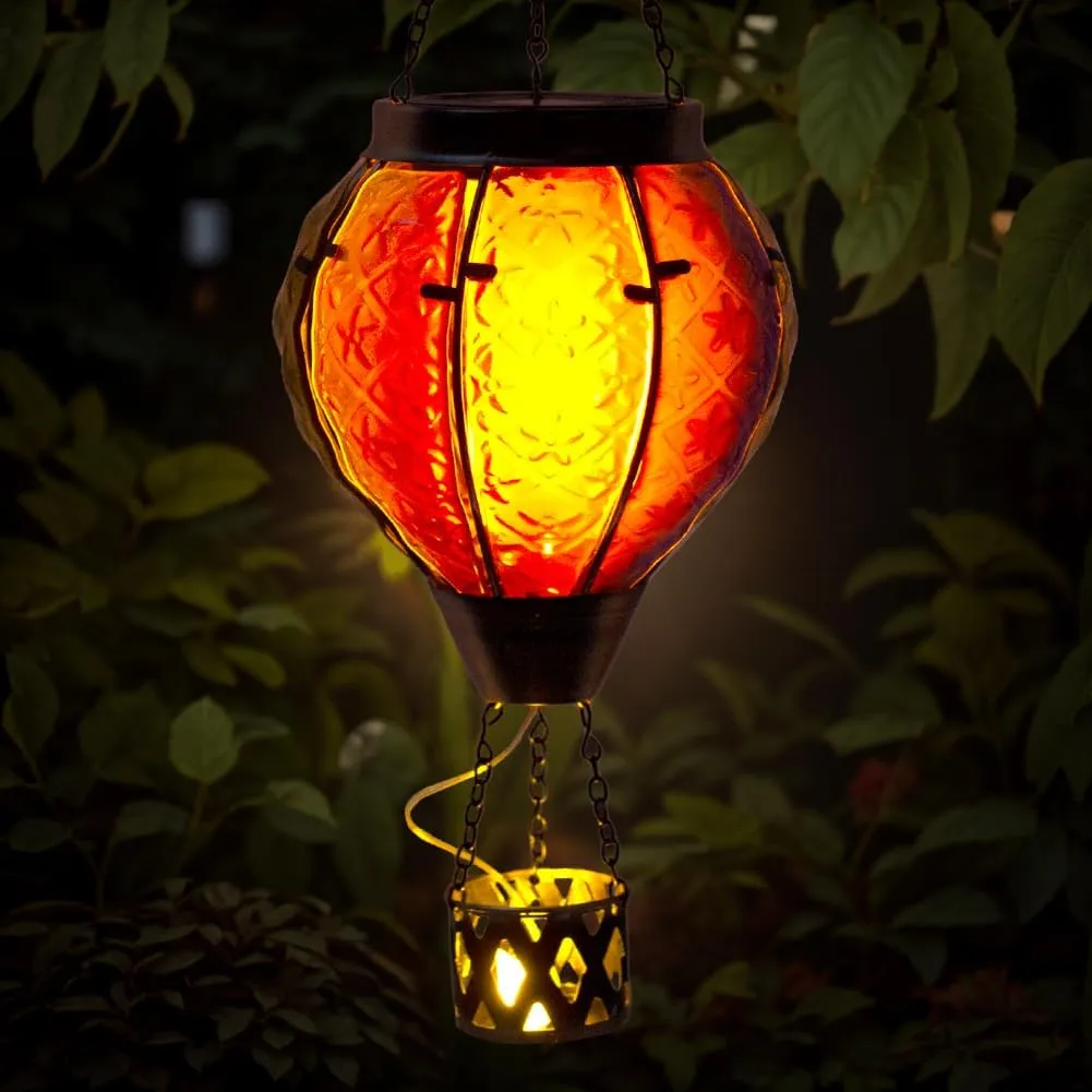 2PCS Hot Air Balloon Solar Lantern with Flame Flickering Light LED Glass Hanging Solar Lanterns Outdoor Waterproof Hot Air Balloon Decoration Outdoor Light for Patio Tree Yard Garden Decor