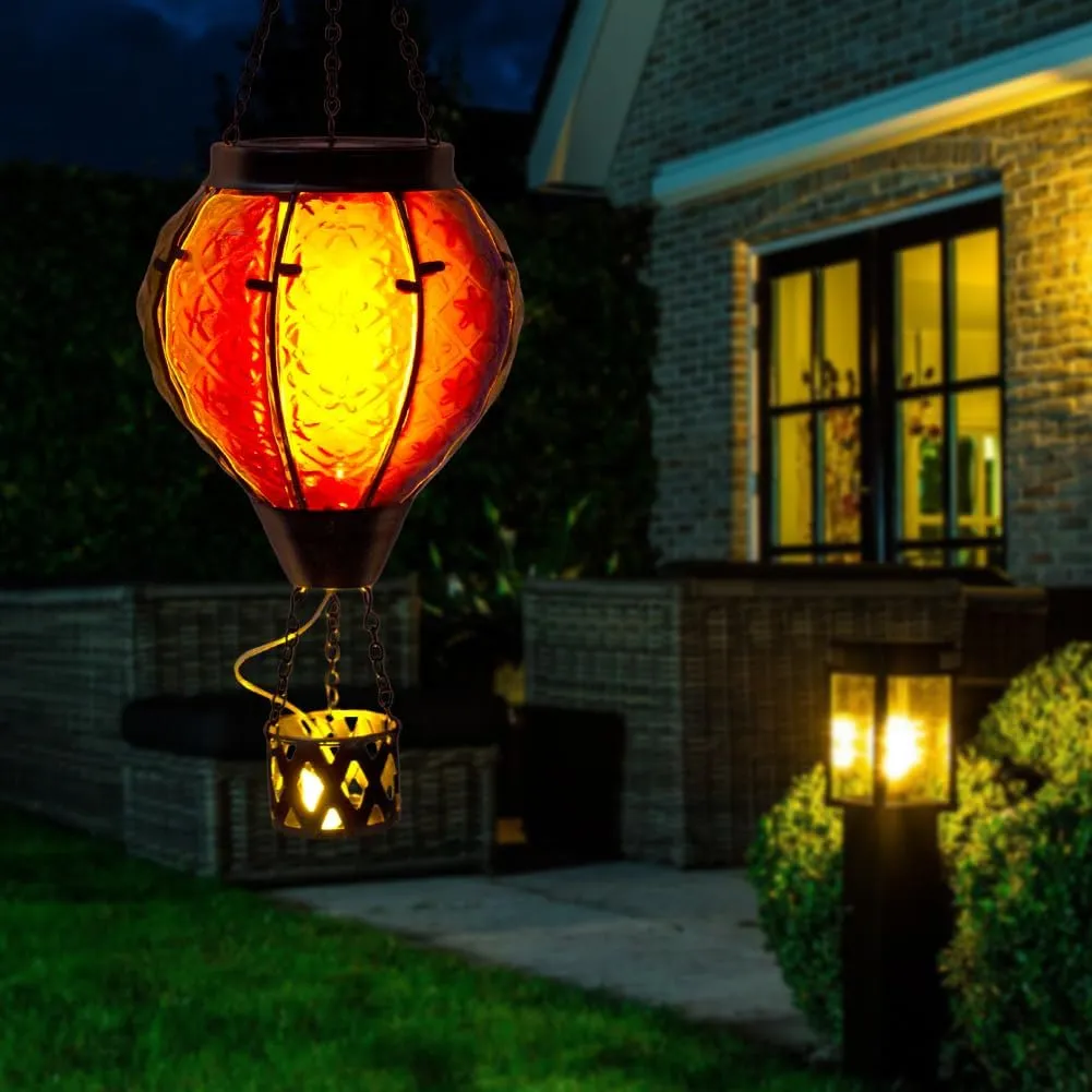 2PCS Hot Air Balloon Solar Lantern with Flame Flickering Light LED Glass Hanging Solar Lanterns Outdoor Waterproof Hot Air Balloon Decoration Outdoor Light for Patio Tree Yard Garden Decor