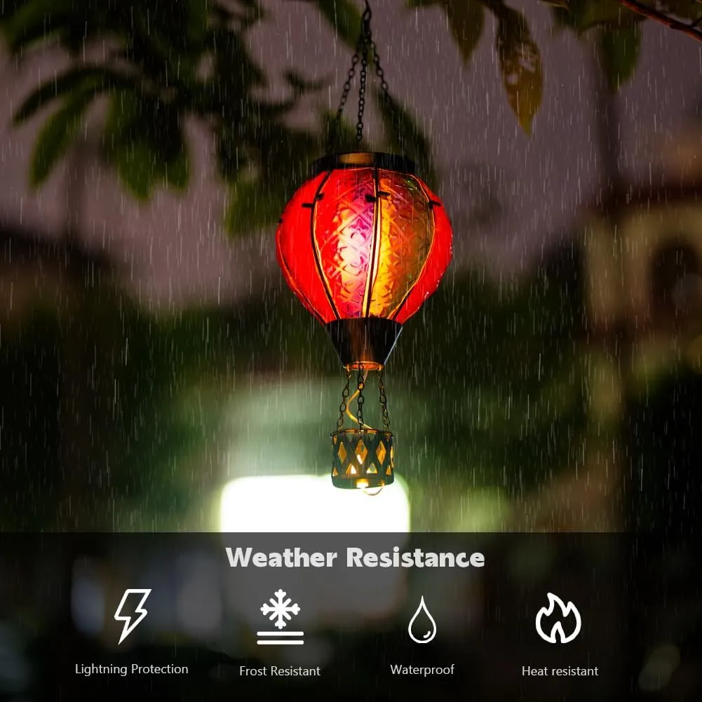 2PCS Hot Air Balloon Solar Lantern with Flame Flickering Light LED Glass Hanging Solar Lanterns Outdoor Waterproof Hot Air Balloon Decoration Outdoor Light for Patio Tree Yard Garden Decor