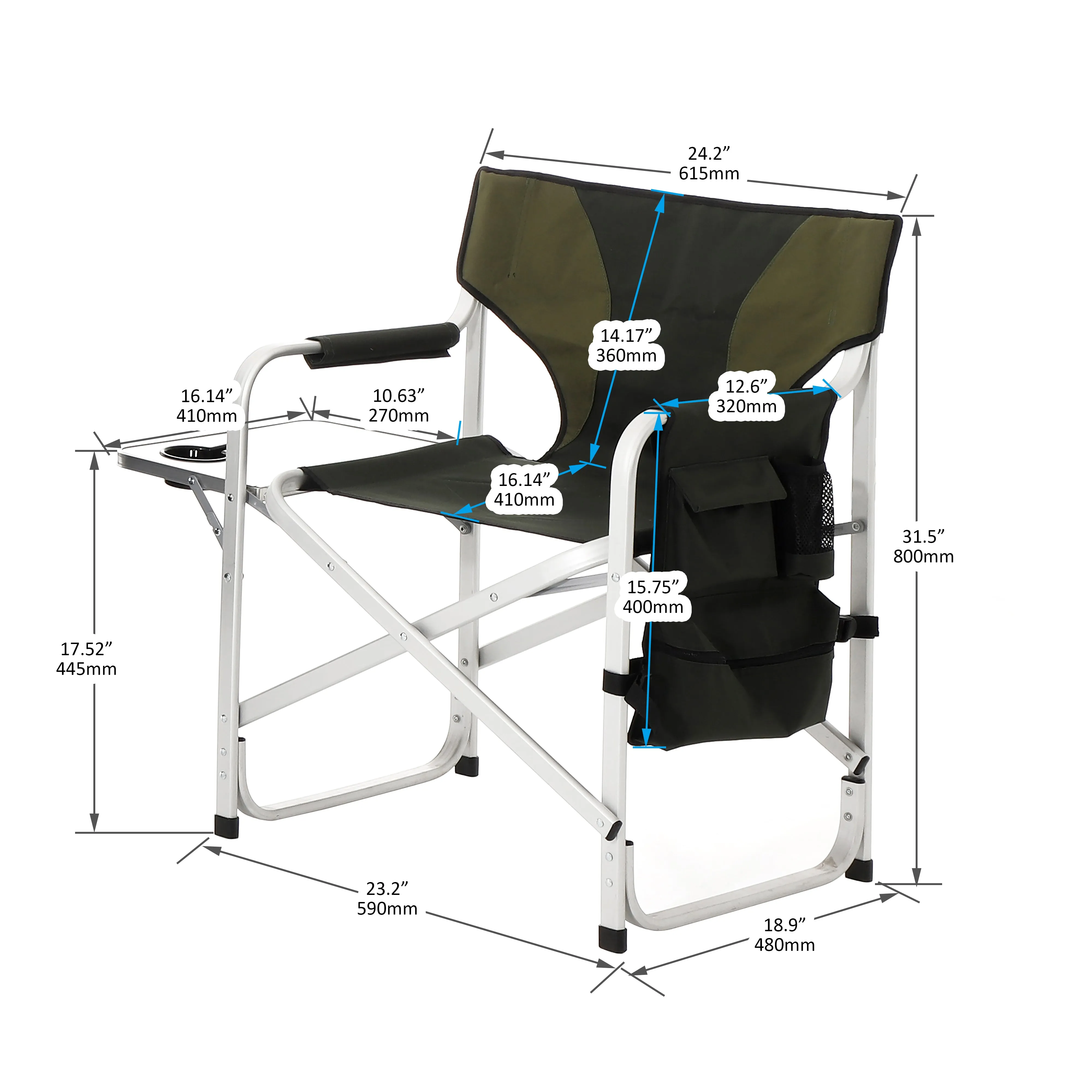 2pcs Padded Folding Outdoor Chair with Pockets Oversized Directors Chair- Green