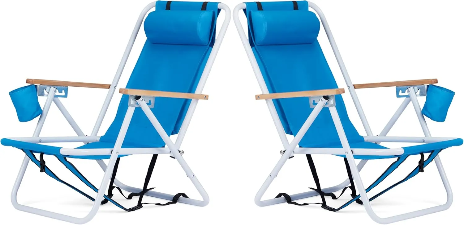 2pcs Portable Backpack Beach Chair, Adjustable Angle with Headrest Folding Beach Chair, Light Beach Chair with Armrests, Cup Holder