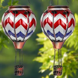 2PCS Solar Hot Air Balloon Lanterns with Flame with Shepherd's Hooks, Glass Hanging Flickering Lights Outdoor Waterproof for Garden Tree Yard Patio Mother's Day Gift, 18" H Wavy