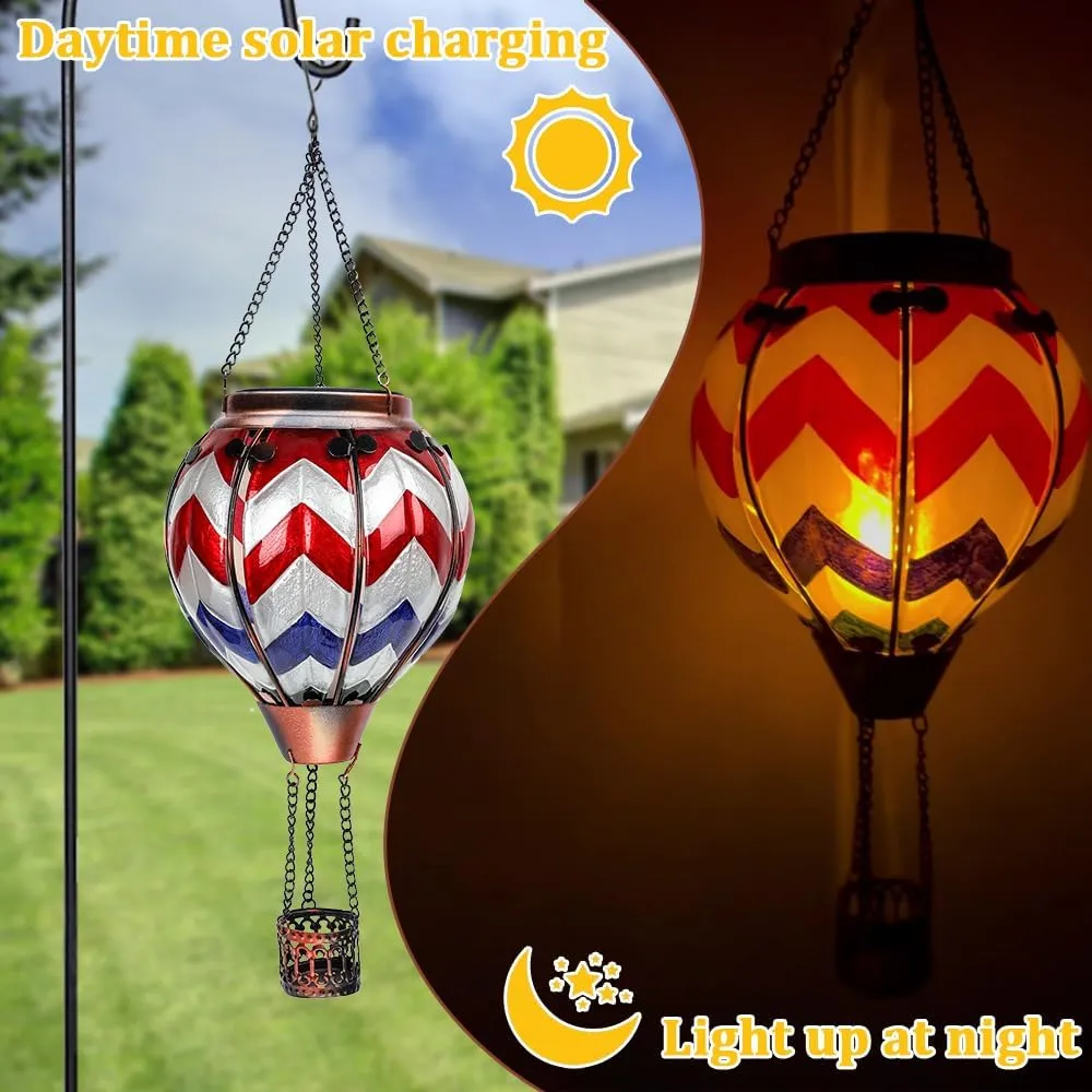 2PCS Solar Hot Air Balloon Lanterns with Flame with Shepherd's Hooks, Glass Hanging Flickering Lights Outdoor Waterproof for Garden Tree Yard Patio Mother's Day Gift, 18" H Wavy