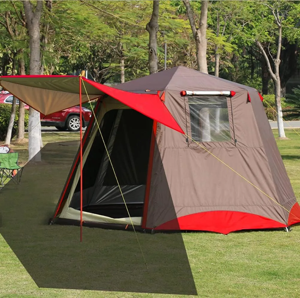 3-4 Person Automatic Tent with Porch Camping Pop Up Tent with 2 Door and 2 Windows Double Layer Instant Family Tent for Camping Outdoor Hiking, Easy Set Up, Red