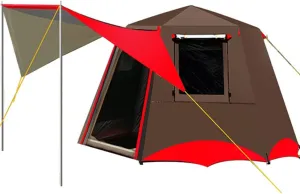 3-4 Person Automatic Tent with Porch Camping Pop Up Tent with 2 Door and 2 Windows Double Layer Instant Family Tent for Camping Outdoor Hiking, Easy Set Up, Red