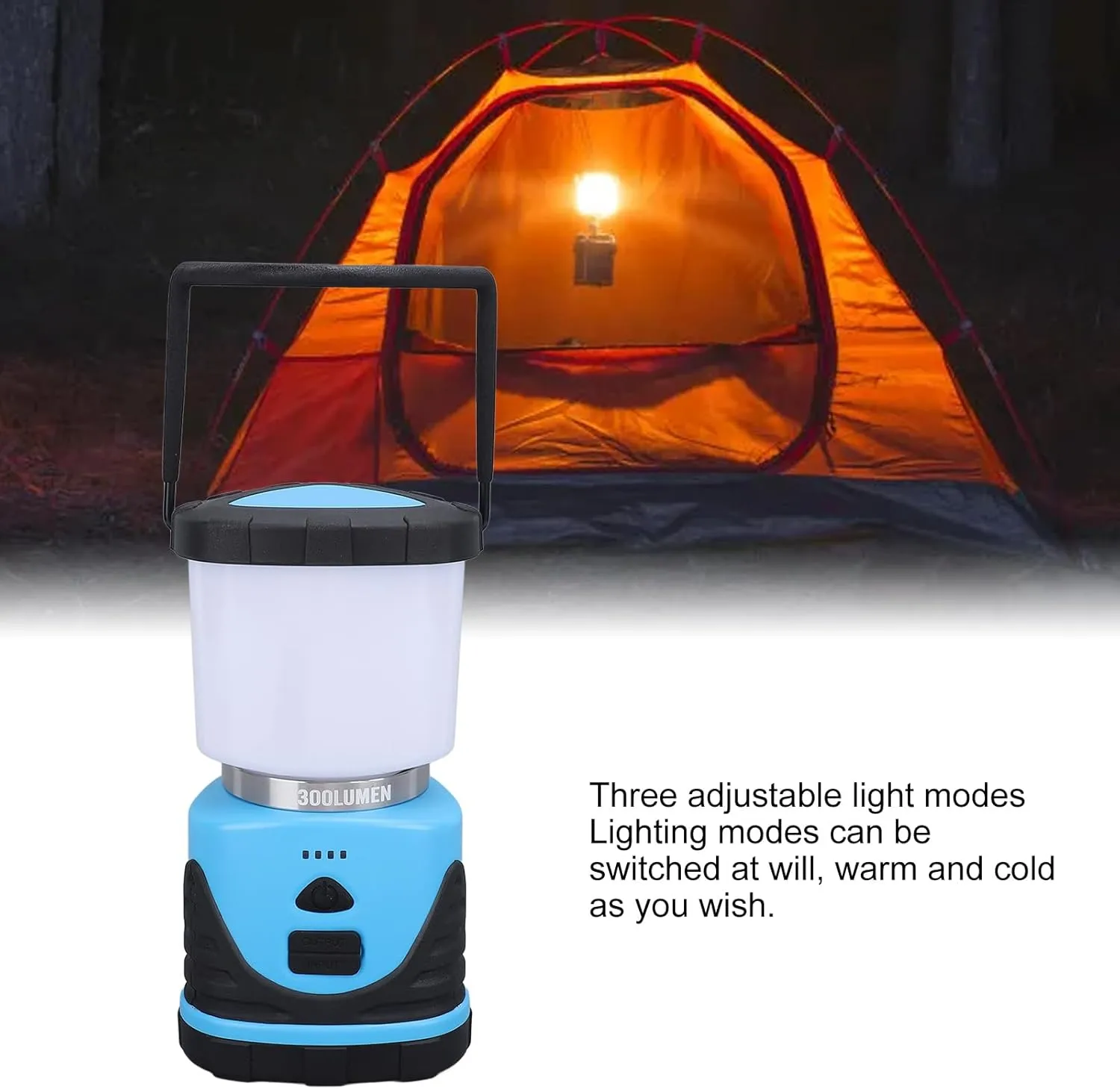 300LM Camping Lantern, IP65 Tent Light USB Rechargeable, 3 Modes of Light Adjustment, for Emergency Power Outage, Camping, Hiking, and Outdoor Activities. (Blue)