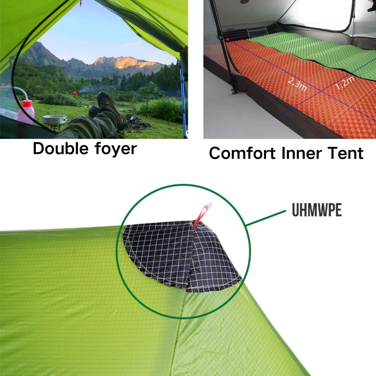 3F UL GEAR Blue Mountain 1/2Person Camping Poleless Tent, 3/4Seasons Waterproof Tent, Easy Set Up Hiking, Backpacking Silicon Coated Tent Shelter