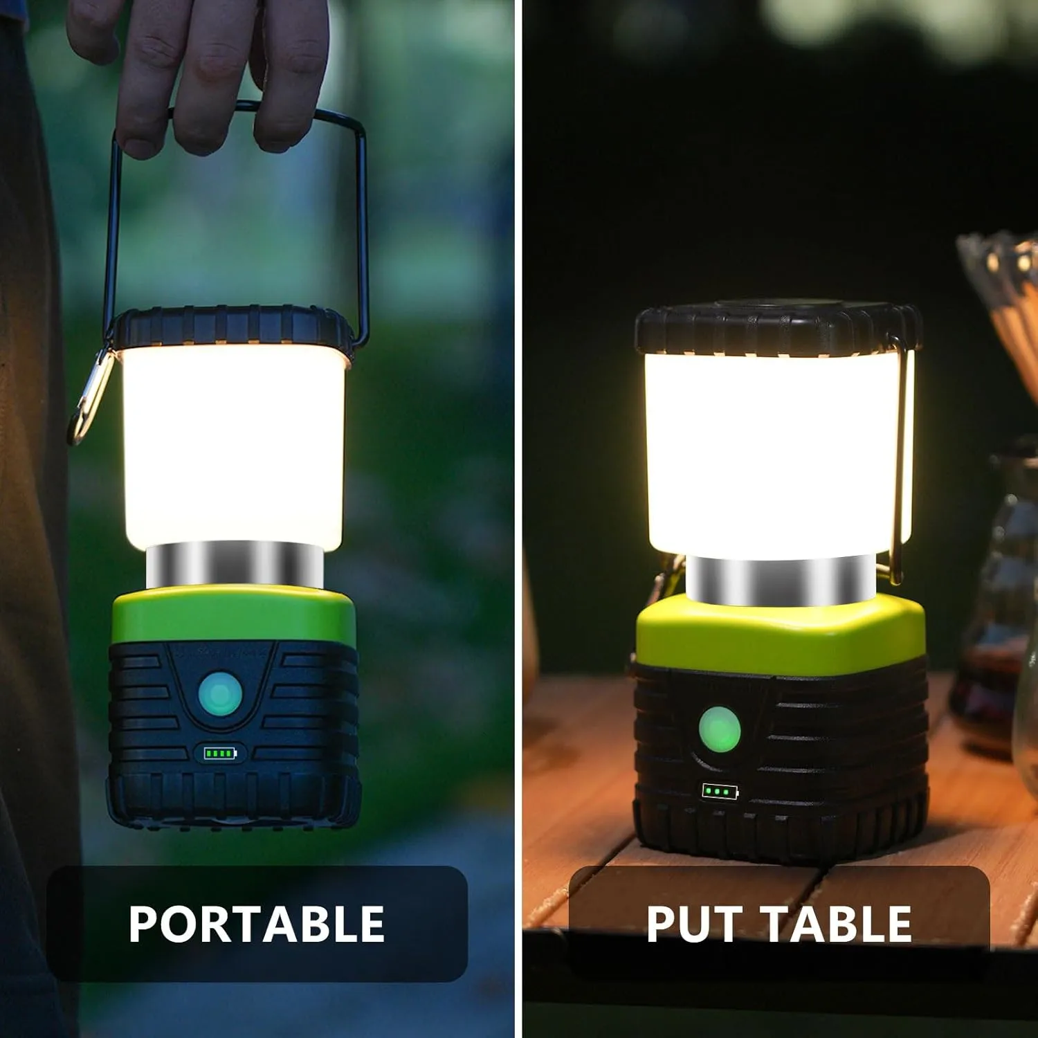 3PCS 3200K Warm Light LED Camping Lantern Rechargeable 1000LM, 4500mAh Power Bank, Flashlight for Hurricane Emergency, Hiking, IP44 Waterproof Lantern(Green)
