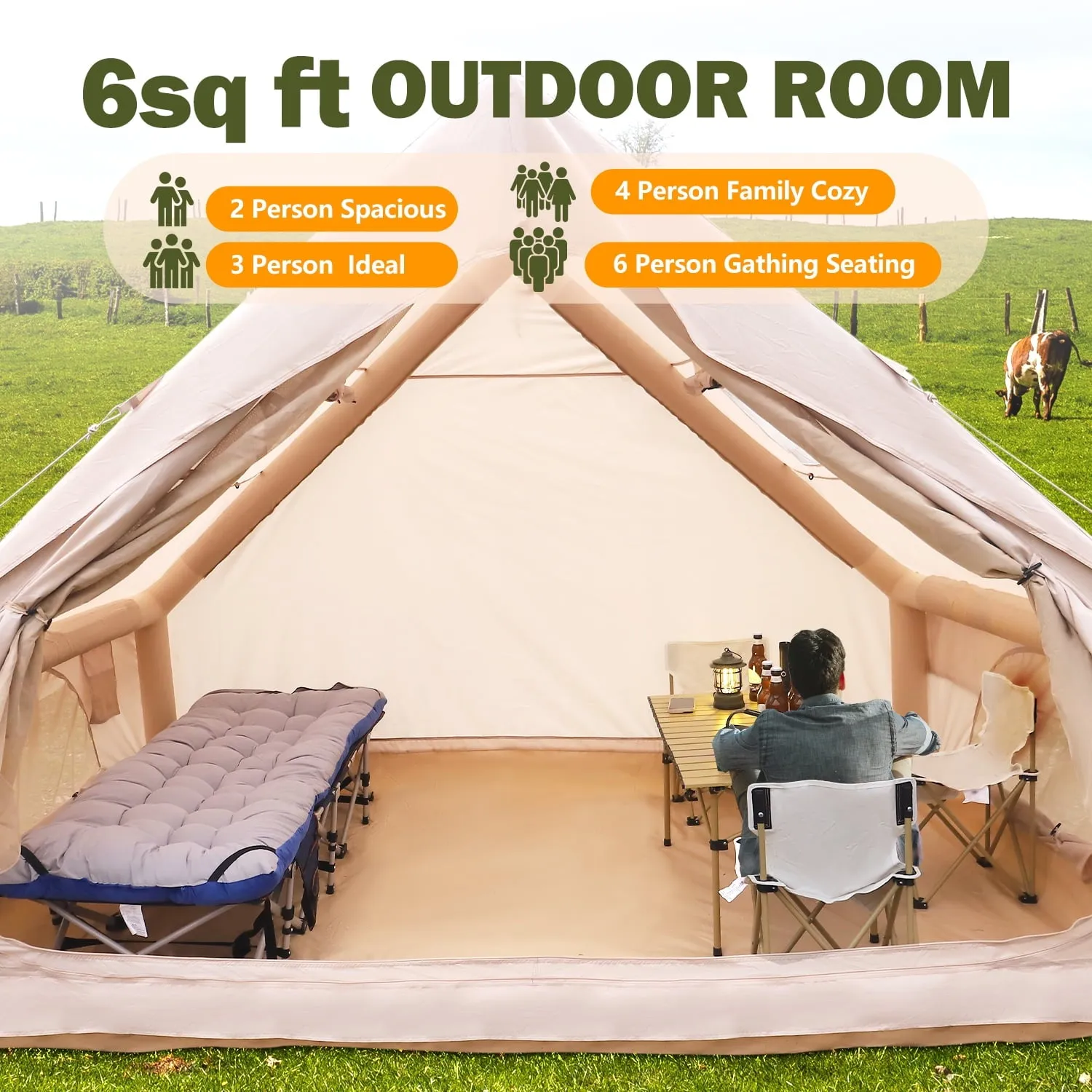 4-6 Person Inflatable Camping Tent, Glamping Blow up Tent with Hand Pump, PU3000 Waterproof & Windproof, Easy Setup Cabin Tent with Mesh Windows, Perfect for Family Camping, Emergency Shelter