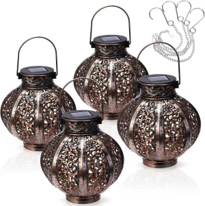 4 Pack Hanging Solar Lantern Lights Outdoor Waterproof LED Lanterns with Handle and Hanging Chains Retro Metal Garden Tabletop Lights for Patio Courtyard Lawn Yard (Bronze)