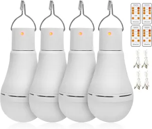 4 Pack Portable Emergency LED Bulbs, Afoskce USB Rechargeable Camping Light with Remote Timer, 5 Lighting Modes, with Hook, 1500mAh Smart Light Bulbs for Emergency, Camping, Hiking, Hurricane Outage